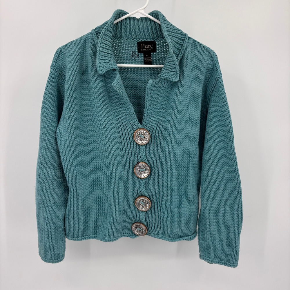 Pure Handknit Cardigan Womens M/L Teal Blue Excellent Chunky Cotton Shawl Collar